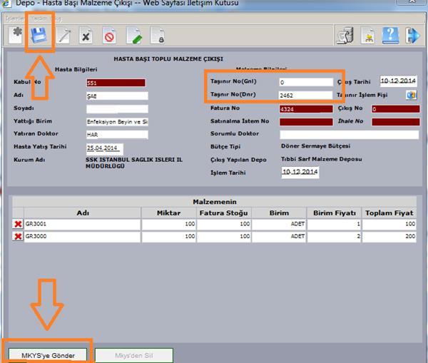 işleminin MKYS ye bildirimi MKYS ye Gönder butonuna basılarak yapılır. 2. Yapılan Hasta başı çıkışlar Depo modülünde Hasta Başı Malzeme Çıkışı başlığı altında toplanır. 2.3.