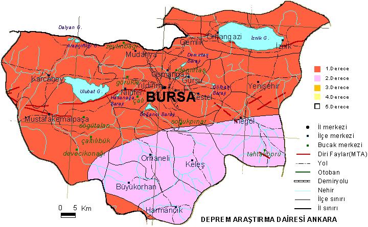 9.Türkiye Deprem Durumu: Harita 9: Bursa İli Deprem Bölgesi Haritası Bursa İli, ülke genelinde I. derece deprem kuşağında yer almaktadır. Planlama alanı da I. derece deprem kuşağında bulunmaktadır.