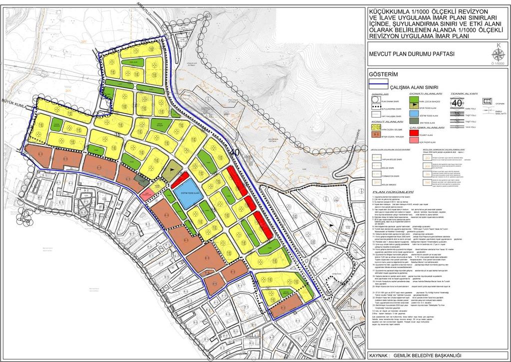 Harita 19: 1/1000 ölçekli Mevcut Plan Durumu Planlama bölgesinin 1/1000 ölçekli mevcut uygulama imar planında, meskun konut alanlarına (B-5), konut gelişme alanlarına ayrık nizam 4 kat (A-4),