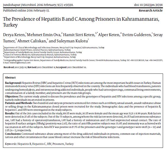 Ülkemizde HBV, HCV ve HIV Kahramanmaraş, 2015 266 mahkum Anti-HCV pozitifliği: %17.