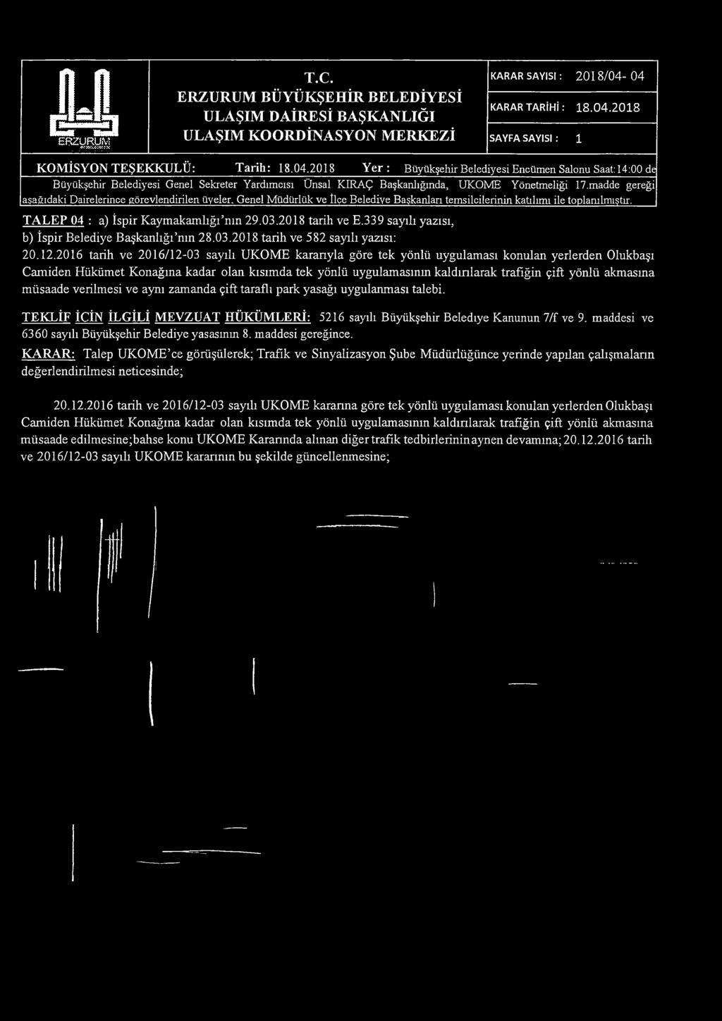 madde gereği aşağıdaki Dairelerince görevlendirilen üyeler. Genel Müdürlük ve İlçe Belediye Başkanları temsilcilerinin katılımı ile toplanılmıştır. TA LEP 04 : a) İspir Kaymakamlığı mn 29.03.