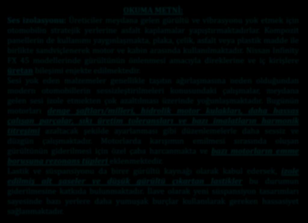 Örnek Çalışmalar OKUMA METNİ: Ses izolasyonu: Üreticiler meydana gelen gürültü ve vibrasyonu yok etmek için otomobilin stratejik yerlerine asfalt kaplamalar yapıştırmaktadırlar.