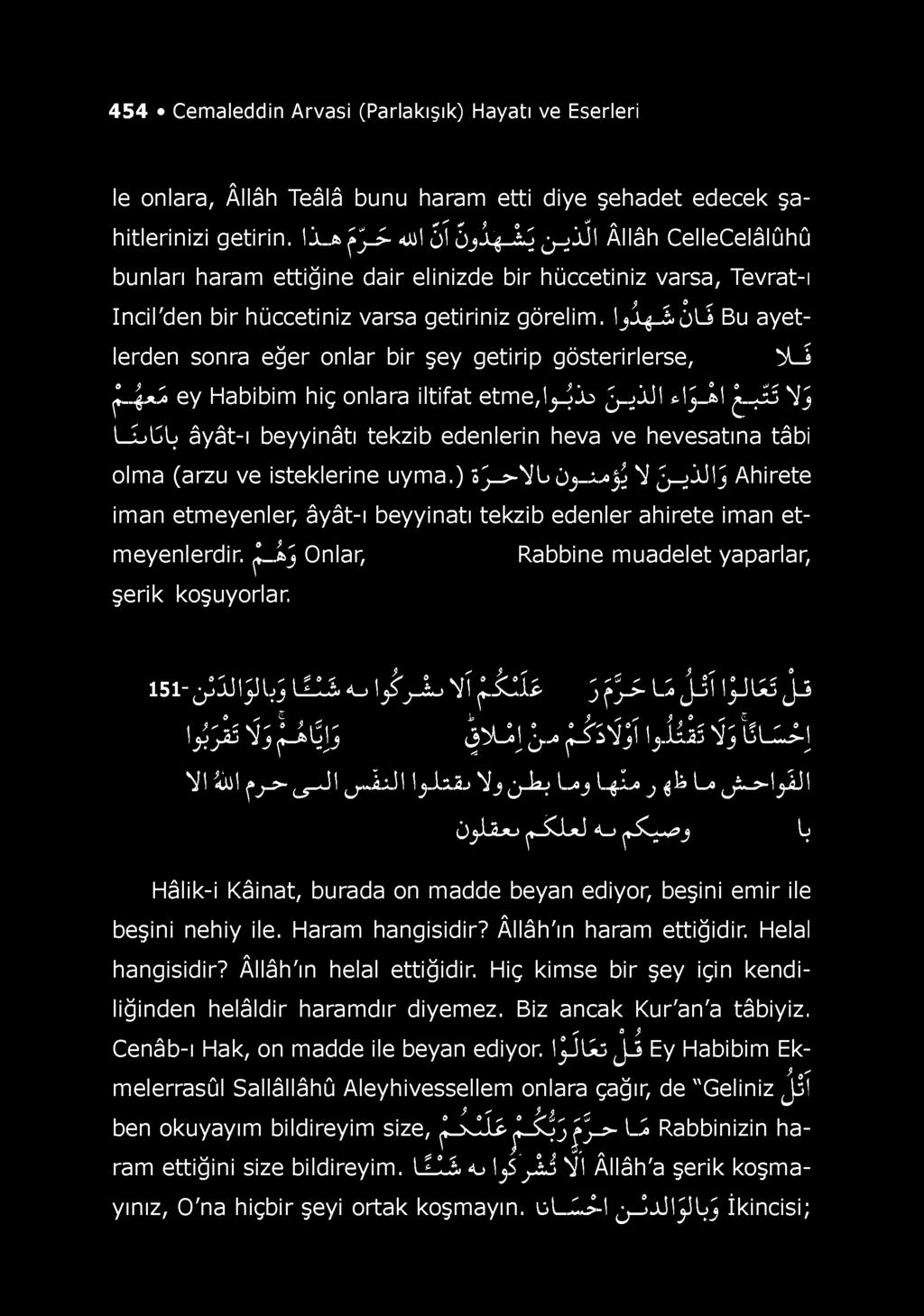 454 Cemaleddin Arvasi (Parlakışık) Hayatı ve Eserleri le onlara, Âllâh Teâlâ bunu haram etti diye şehadet edecek şahitlerinizi getirin.