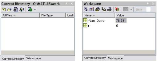 Workspace penceresinde hafızadaki değişkenler ile ilgili bilgiler gösterilmektedir.