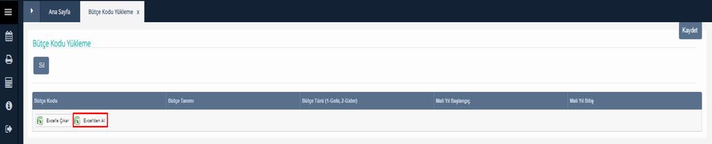 1 Bütçe Kodu Yükleme Kullanıcının excel dosyasından bütçe kodları, tanımları ve mali