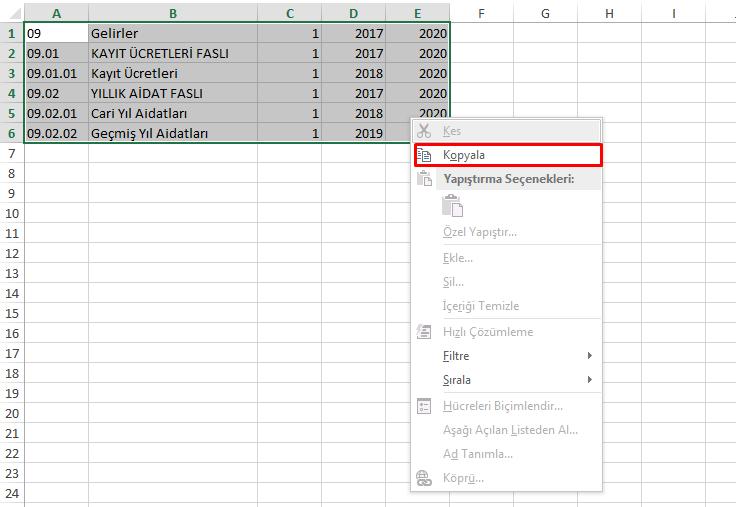 Excel den Al Excel dosyasından bütçe kodlarının, tanımların ve mali yıl