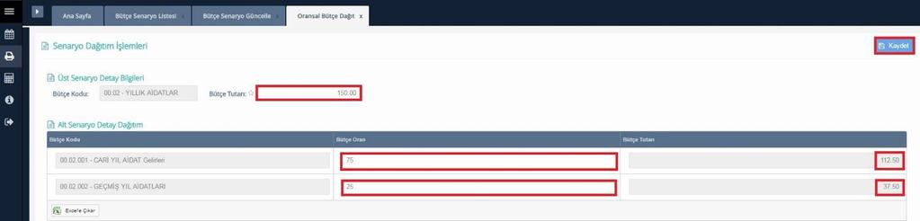 Oransal Bütçe Dağıt Yukarıda kırmızı çerçeve içine alınmış bütçe kalemleri karşına yüzdesel oran girilerek bütçe