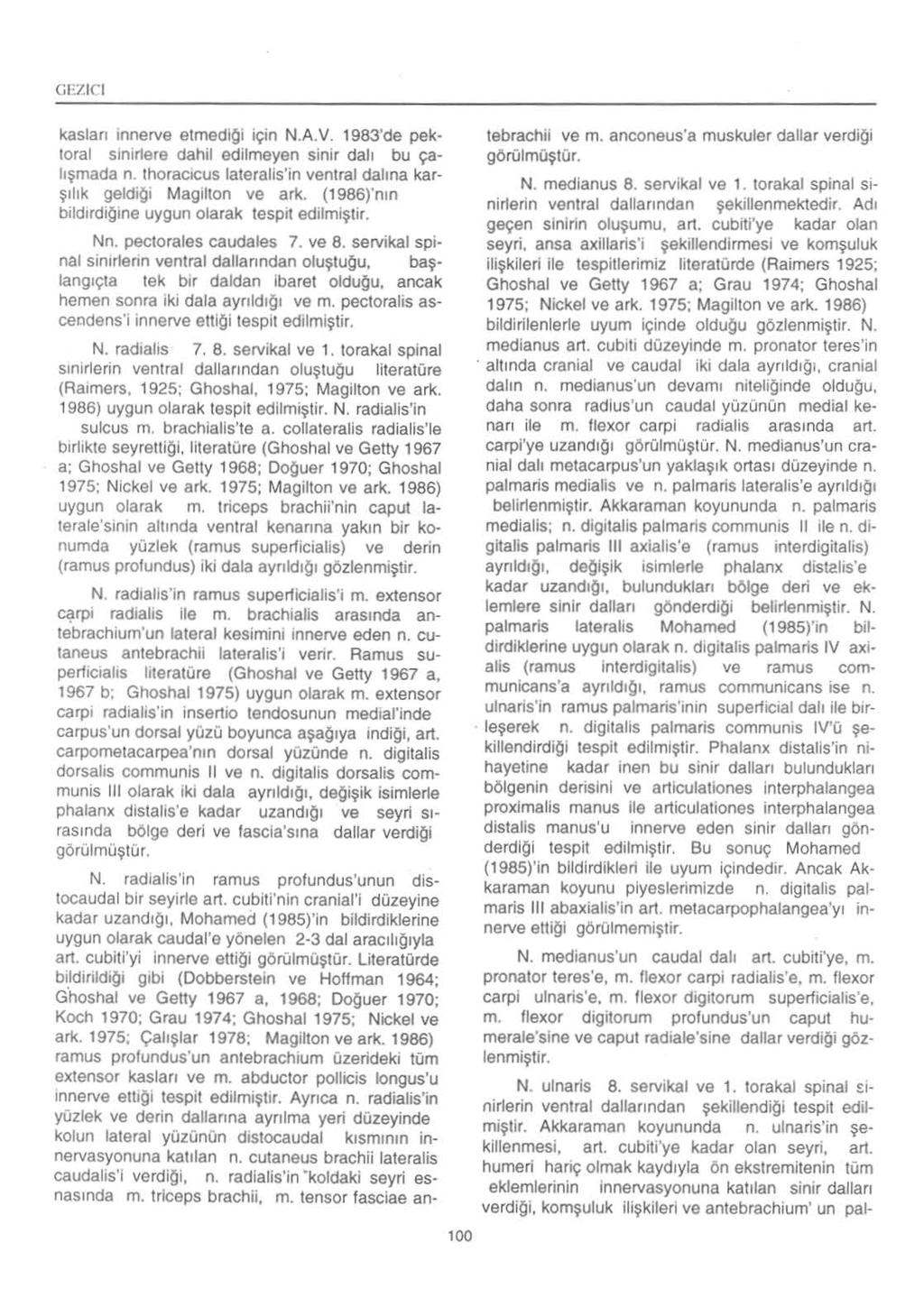 GEZICI kaslan Innerve elmediqi ~in N.A.V. 1983'de pekloral slmlere dahil edilmeyen sinir dall bu~h~mada n. Ihorac)Cus lateralis'in ventral dahna kar $Ihk geldiqi Magilton ve ark.