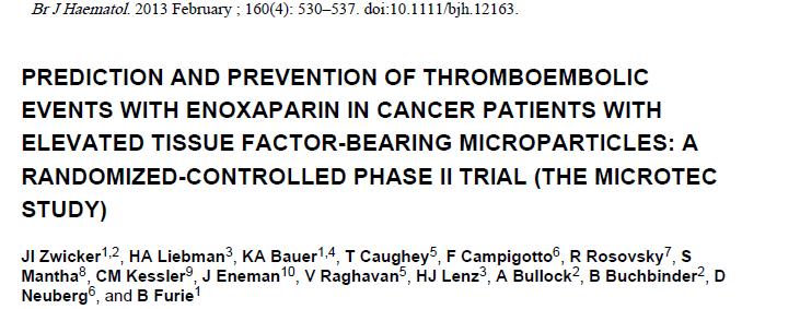 Kanser Hastalarında; Zwicker ve arkadaşları kanser hastalarından doku faktörü içeren mikropartikül bulunanlarda bir yıllık toplam venöz tromboemboli insidansını %34.