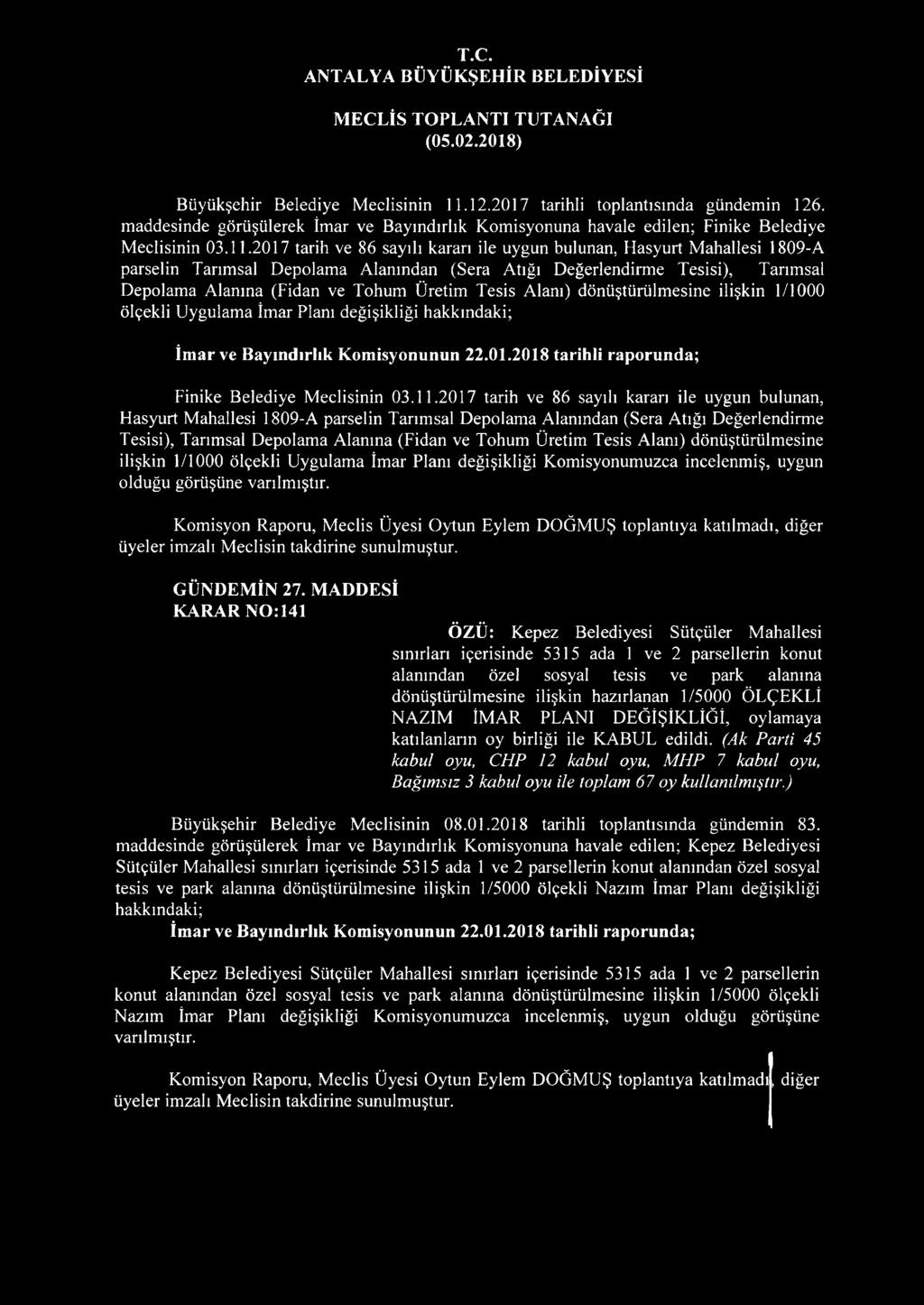 2017 tarih ve 86 sayılı kararı ile uygun bulunan, Hasyurt Mahallesi 1809-A parselin Tarımsal Depolama Alanından (Sera Atığı Değerlendirme Tesisi), Tarımsal Depolama Alanına (Fidan ve Tohum Üretim