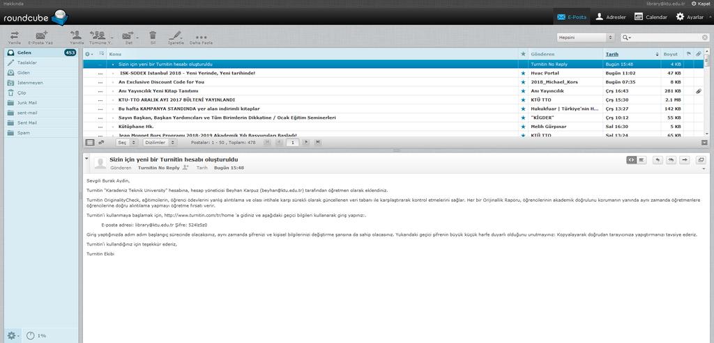 Turnitin üzerinden gelen e-postada Turnitin