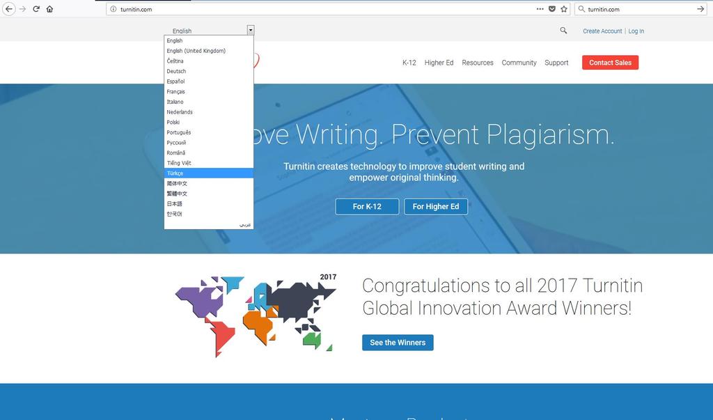Turnitin giriş sayfasından arayüzü Türkçeye çevirebilirsiniz. Size e-postayla gönderilen ilk giriş şifrenizle log in alanından giriş yapmanız gerekmektedir.