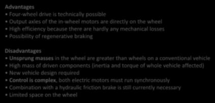 Drive Train Configurations Advantages Four-wheel drive is technically possible Output axles of the in-wheel motors are directly on the wheel High efficiency because there are hardly any mechanical