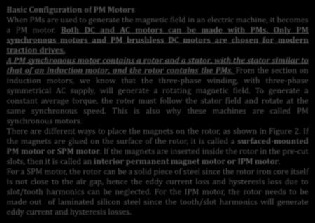 PERMANENT MAGNET MOTOR DRIVES Basic Configuration of PM Motors When PMs are used to generate the magnetic field in an electric machine, it becomes a PM motor.