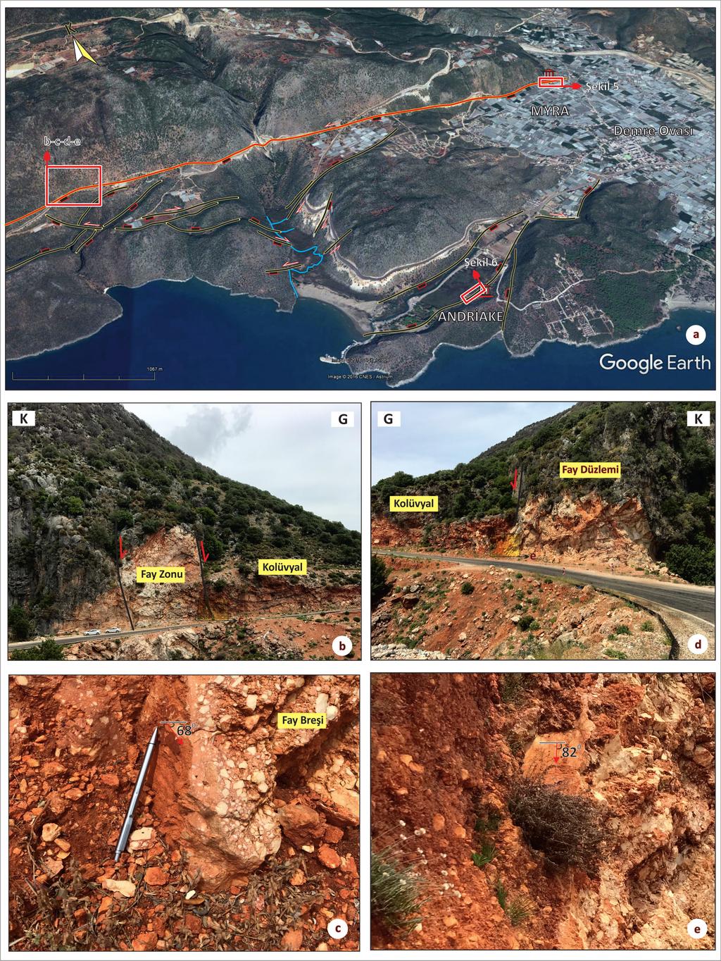 Mustafa SOFTA, Mehmet TURAN, Hasan SÖZBİLİR Şekil 4 a: Myra antik kentini etkileyen diri fayın ve potansiyel aktif olabilecek fayların uydu görüntüsü.