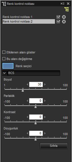 kontrol noktasından uzaklaştıkça azalır. AABoyut ve ayar kaydırma çubuklarında, rötuş paletindeki renk kontrol noktası aracı kullanılarak ince ayar yapılabilir.