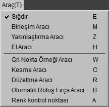 Menü Kılavuzu Araç Menüsü Sığdır: Önizlemeyi sırasıyla palete sığacak şekilde yakınlaştırmak ve %100 görünüme yakınlaştırmak için ekrana çift tıklayın.