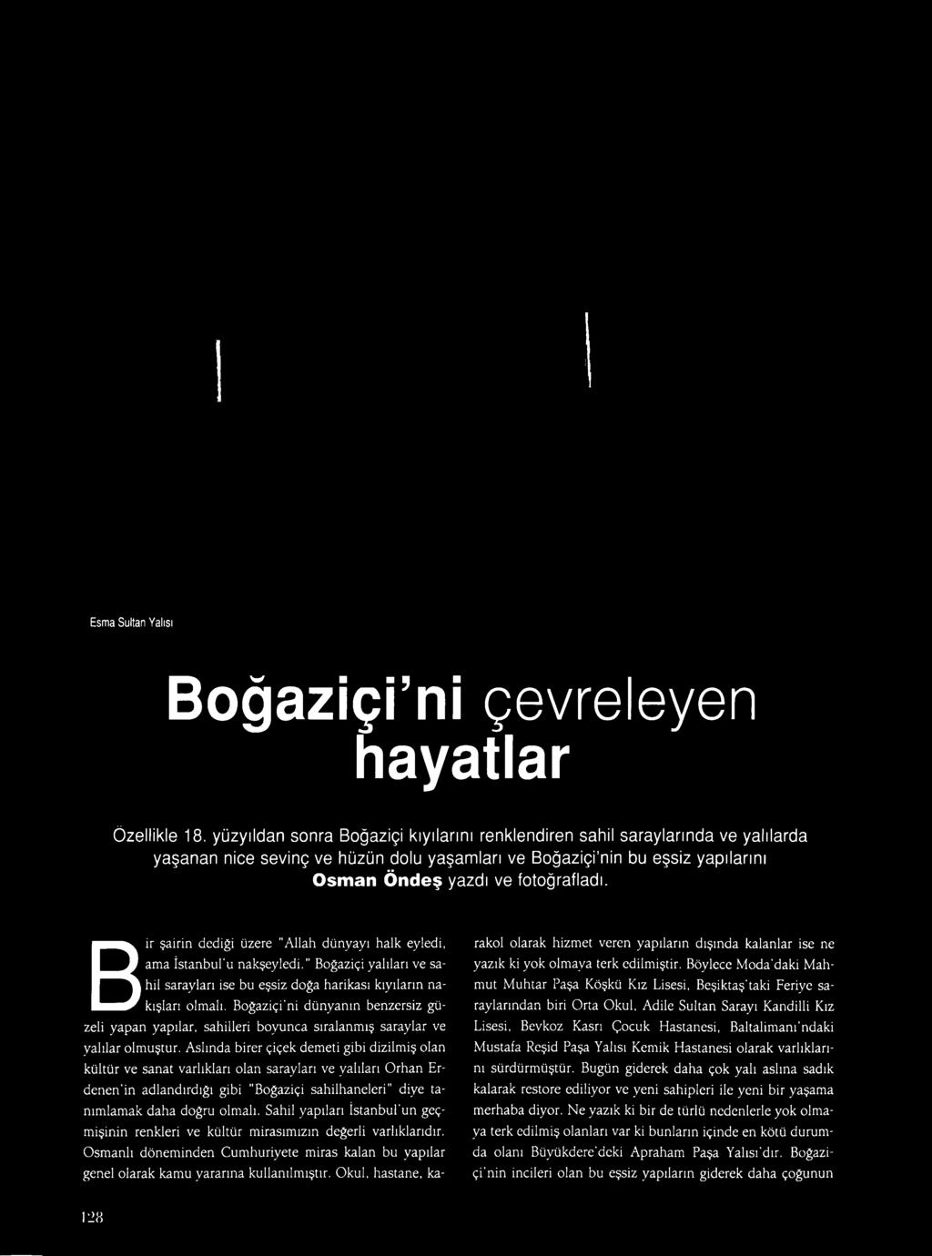 Aslında birer çiçek demeti gibi dizilmiş olan kültür ve sanat varlıkları olan sarayları ve yalıları Orhan Erdenen'in adlandırdığı gibi "Boğaziçi sahilhaneleri" diye tanımlamak daha doğru olmalı.