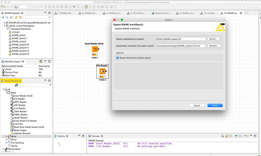 Şekil 2.2.4 Şekil 2.2.4, örnek olması açısından export edilmek üzere rastgele bir project13 isminde workflow oluşturulmuş ve export seçeneğinde şekilde görünen yer ve isim seçilmiştir.