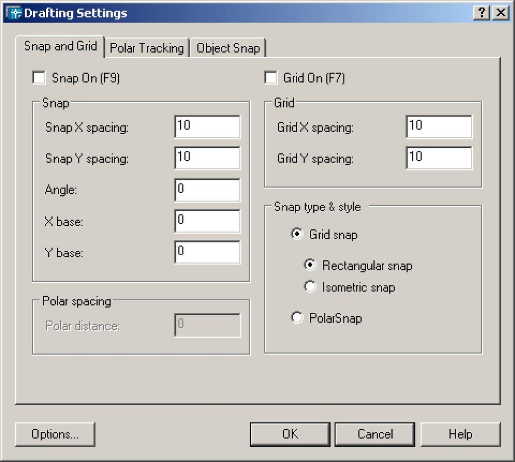 AUTOCAD: Çizime hazırlık Çizim Kolaylıklarının Ayarlanması Menü : TOOLS DRAFTING SETTINGS Komut: ddrmodes Komut Kısaltma: RM Snap On ise Fare x ve y yönünde snap space kadar atlayarak hareket