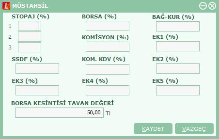 Müstahsil Parametreleri Müstahsil işlemlerinde, müstahsil makbuzu kesilirken geçerli olacak parametreler Ticari Sistem Yönetimi bölümünde yer alan Müstahsil Parametreleri seçeneği ile kaydedilir.