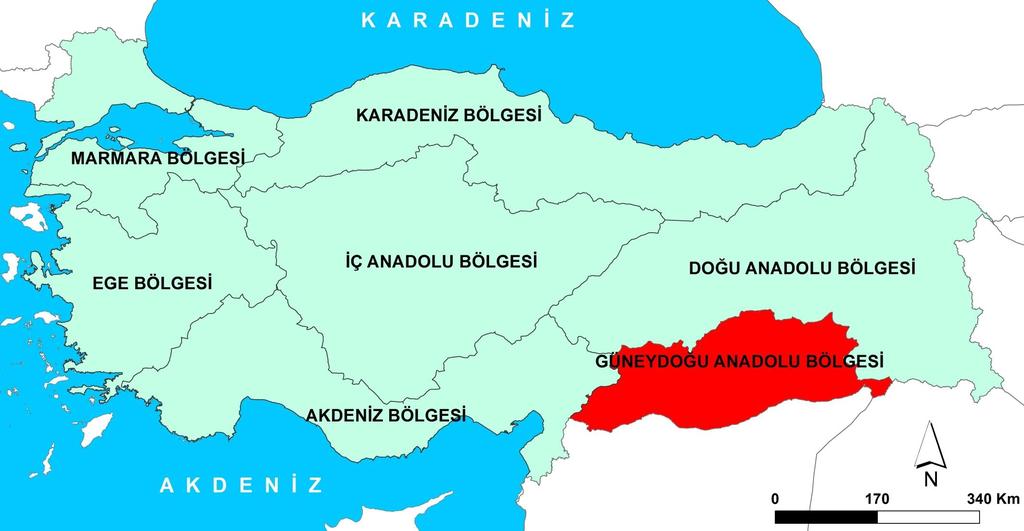 Çalışma Sahasının Yeri ve Sınırları - Place and Boundaries of the Study Area Araştırma Sahasının Lokasyon Haritası Location Map of Study Area Türkiye nin Suriye sınırında yer alan Güneydoğu Anadolu
