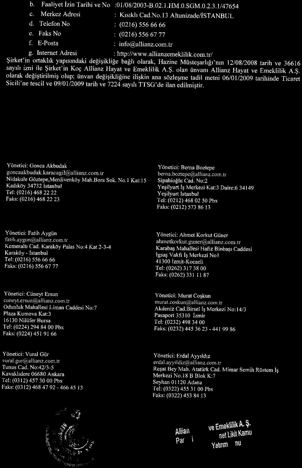 b. c. d. e. f. Faaliyet izin Tarihi ve No Merkez Adresi Telefon No Faks No E-Posta Intemet Adresi :01/08/2003-B.02. 1.HM. O. SGM.0. 2. 3. 1/47654 Kısıklı Cad.No. l3 Altunizade/İSTANBUL (0216)5566666 (0216)5566777 info@allian2.