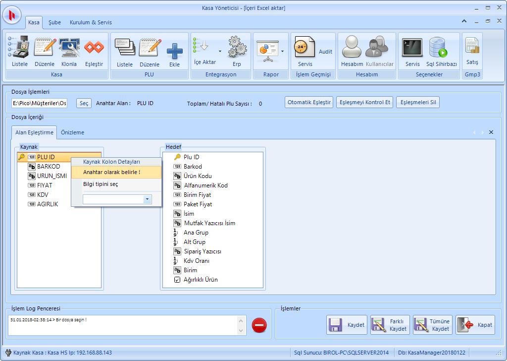 Resim 33. Dışa Aktarma - Excel Formatın Ürün Yükleme Entegrasyon menüsünden İçe aktar kısmından PLU Aktar Excel seçilir.