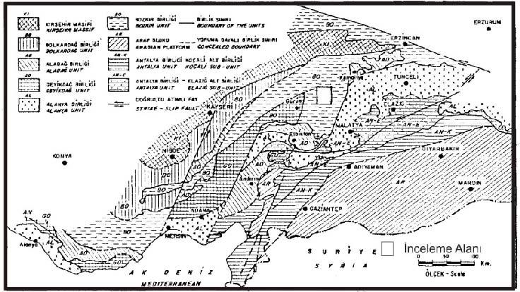 Şekil 4.61. Türkiye nin yapısal kuşakları (Şengör ve Yılmaz, 1981). Toros kuşağı için kuzeyden güneye farklı kaya topluluklarını tarifleyen bir sınıflama (Özgül vd.