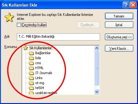 belirtilen klasörün altına kaydedilmiş olur. Bu şekilde oluşturulan adreslere yine Sık Kullanılanlar menüsüne tıklayıp oradan ilgili klasörü seçerek ulaşabiliriz. 5.