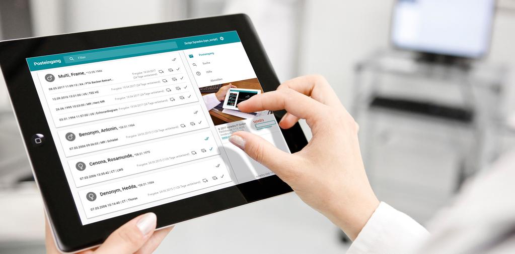 synedra Web Tıbbi görüntü ve evraklara mobil erişim synedra Web hastane dışında bulunan doktorlara tıbbi görüntü ve evrakların hızlı bir şekilde iletilip görüntülenmesine olanak sağlamaktadır.
