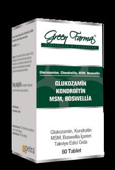 13155 Green Farma Glukozamin Kondroitin 60 Tablet İçindekiler (1 Tablette) Glukozamin Sülfat Kondroitin Sülfat Metilsülfonilmetan Akgünlük (Boswellia Serrata) Ekstresi Miktar 750 mg 300 mg 200 mg 100
