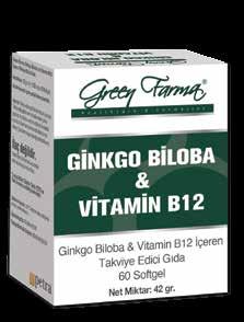 13926 Green Farma Ginkgo Biloba & Vitamin B12-60 Softgel İçindekiler (1 Kapsülde) Ginko Yaprağı Ekstresi Vitamin B12 Miktar 90 mg 100 mcg Kullanım Şekli: Tavsiye edilen günlük alım dozu sabah ve
