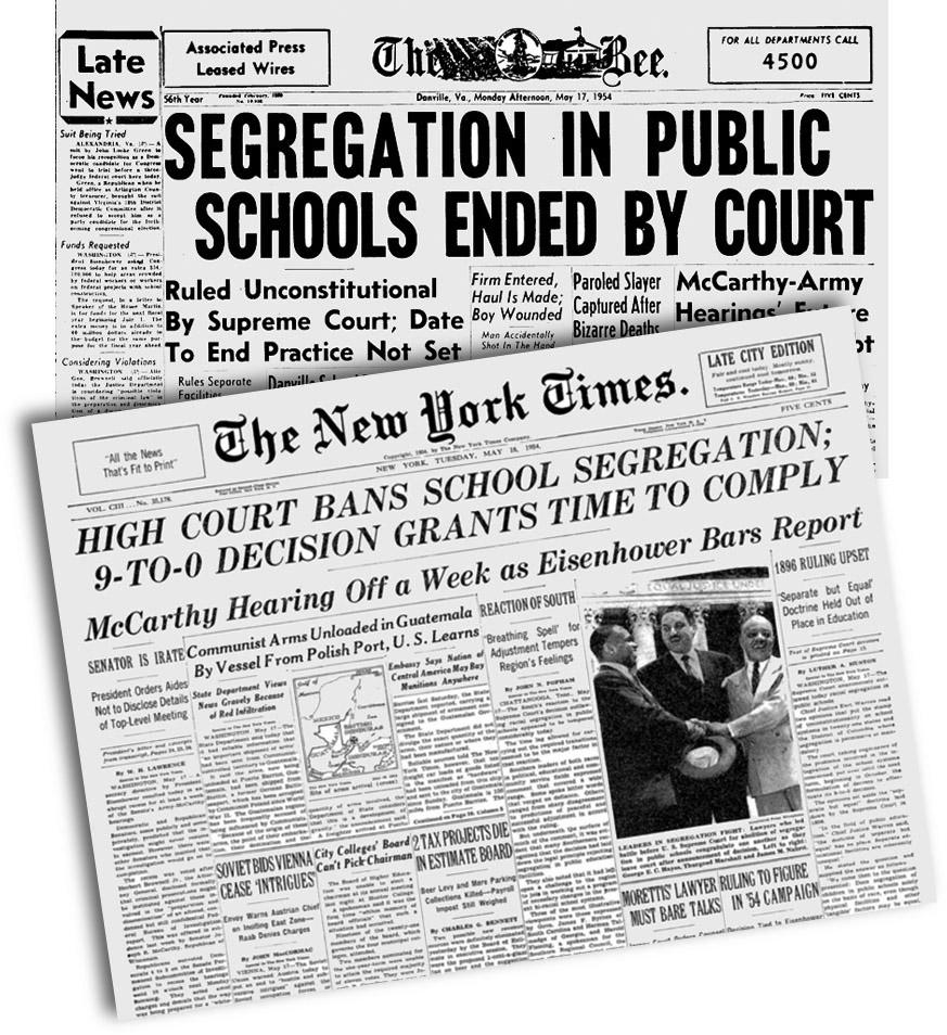 ABD Yüksek Mahkemesi nin Brown v. Board of Education Davas ndaki karar 17-18 May s 1954 tarihli gazetelerde.