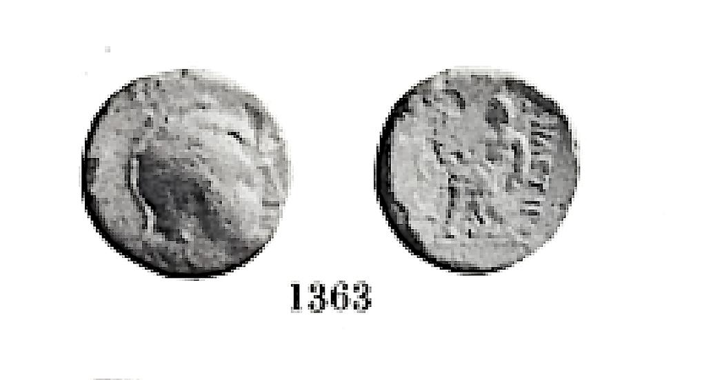 4.1.1.22. 1363 Numaralı Sikke 4.1.1.22.1. Ön Yüz M.Ö. 133 yıllarına ait bu sikkede Athena profilden görünmektedir. 4.1.1.22.2. Arka Yüz Pergamon un Sağlık Tanrısı Asklepios tahtta oturu bir şekilde görünmektedir.