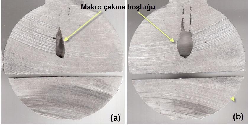 67 Şekil 4.7. 210 C kalıp sıcaklığında döküm parçada meydana gelen makro çekme boşluklarının görünümü; a) Tane inceltme işlemi uygulanmış ve b) Tane inceltme işlemi uygulanmamış Çizelge 4.3.