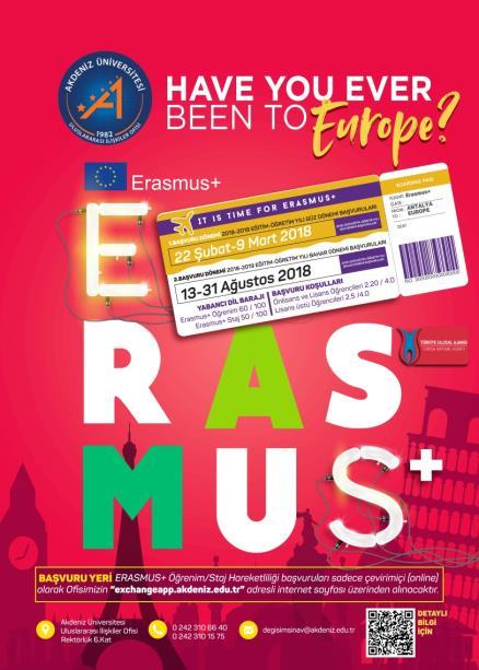 ERASMUS+ BAŞVURULARI TAMAMLANDI 2018-2019 Akademik yılı için Erasmus+ Programı başvuruları Güz ve Bahar olmak üzere iki başvuru dönemine çıkarıldı.