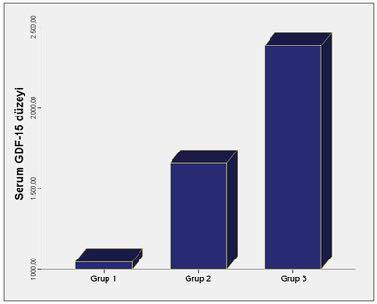 ! açısından sadece Grup 1 ile Grup 3 arasında anlamlı farklılık izlenirken (p < 0,05), GDF-15 ise her üç Grup arasında anlamlı farklı bulundu (p < 0,001) (Şekil 1). Şekil 1.