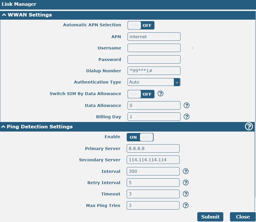 Interface Link Manager WWAN1/WWAN2 Cihazın statik IP alması isteniyorsa, ayarlamalar bu sekmeden yapılır. Automatic APN Selection : OFF APN : SIM kart operatörüne göre değişiklik gösterir.