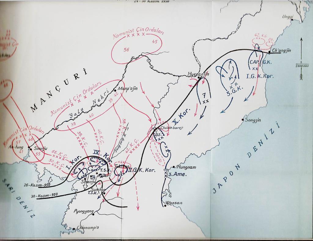 125 4.3.9. BM Ordusu nun 24 Kasım 1950 de başladığı genel taarruz ve Komünist Çin in müdahalesi üzerine geri çekilmesi (kroki-3) 4.3.9.1.BM Ordusu nun taarruzu Mac Arthur, 24 Kasım 1950 de Şükran gününün ertesi günü Kore ye geçerek, taarruzun yeniden başlamasını emretti.
