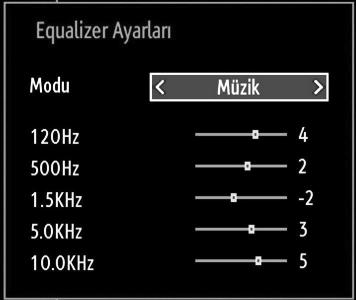 Çıkmak için MENÜ tuşuna basınız. Ses Ayarları Menü Öğeleri Ses seviyesi: Ses seviyesini ayarlar. Ekolayzır: Ekolayzır alt menüsünü görüntülemek için OK tuşuna basınız.