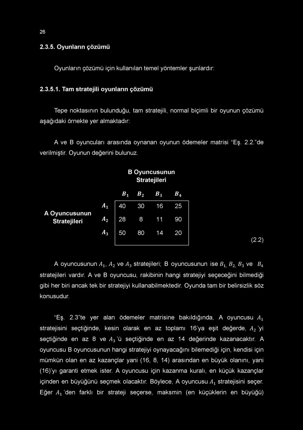 Eş. 2.2. de verilmiştir. Oyunun değerini bulunuz. B Oyuncusunun Stratejileri B 1 b 2 B 3 b 4 A Oyuncusunun Stratejileri At 40 30 16 25 a 2 28 8 11 90 A3 50 80 14 20 (2.