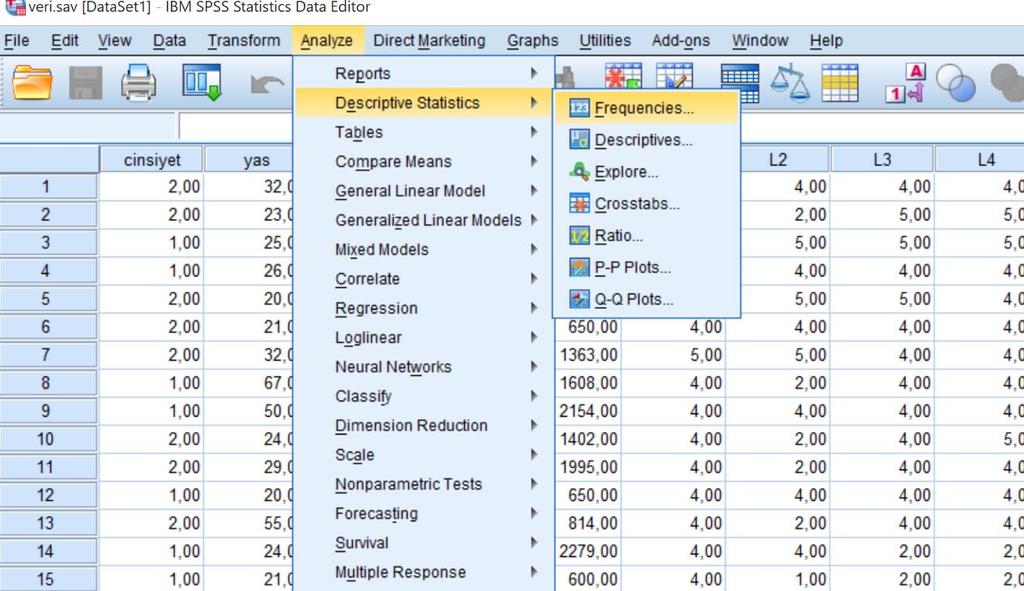 Verilerin frekans tablosunu, merkezi eğilim ve