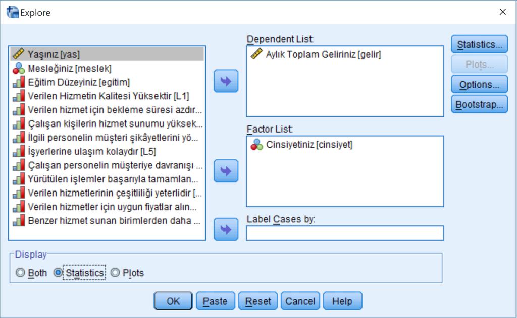 Dependent variable kısmına nicel bir değişken ve factor list kısmına ise