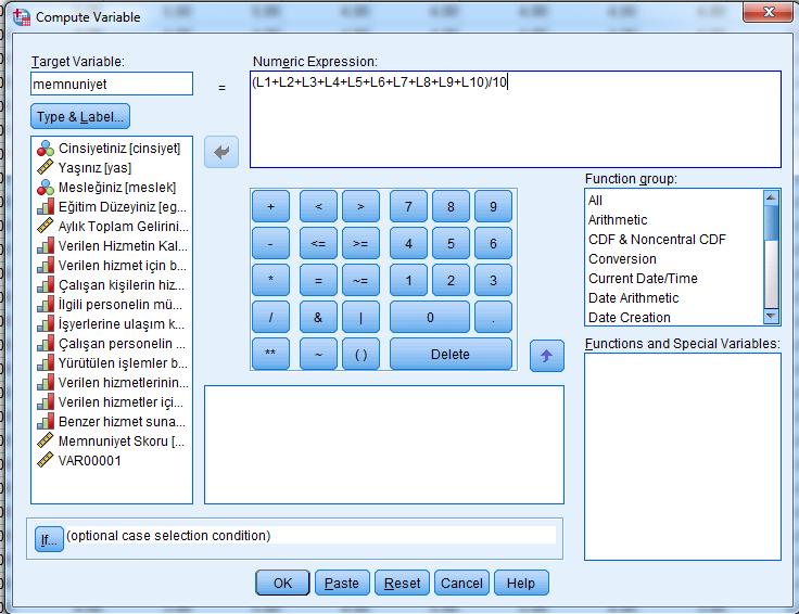 SPSS te Transform menüsünün altındaki Compute Variable alt menüsünden 2013 yılı için 385 kişinin ortalama memnuniyet