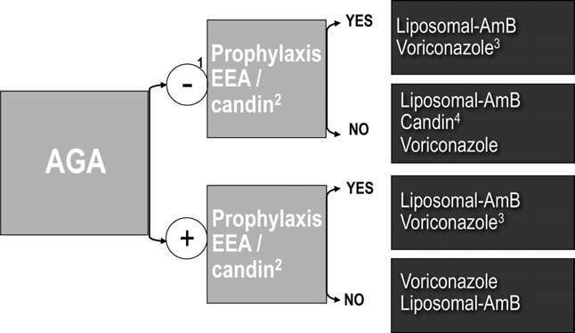 Figure 2 Selection of the antifungal agent according to galactomanann antigen (AGA) and prophylactic antinfungal regimen.