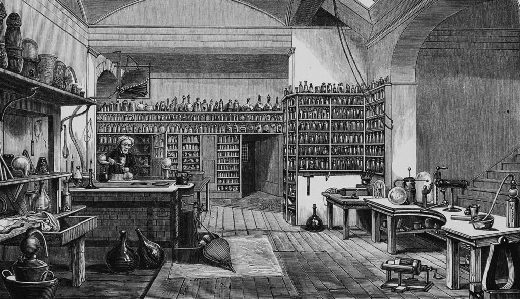 Faraday'ın Kraliyet Enstitüsü'ndeki laboratuvarı (1870) Çalışmak önceliği olduğundan eğitime zaman bulamadı.
