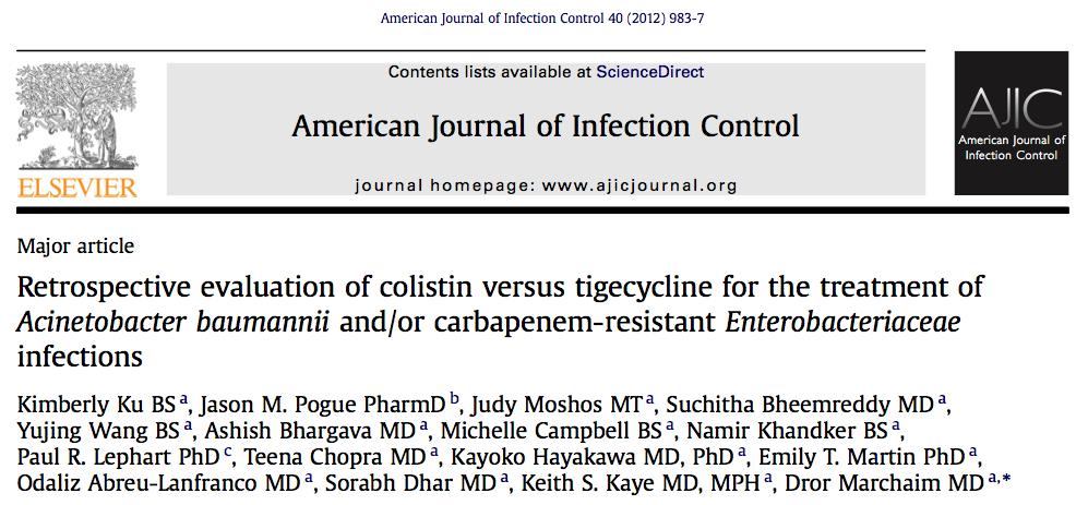 Acinetobacter baumannii ve/veya dirençli Enterobacteriaceae enfeksiyonlarının tedavisinde kolistine karşı tigesiklinin retrospektif değerlendirilmesi Amaç: Acinetobacter baumannii ve