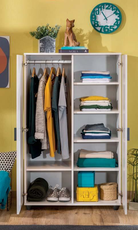 THERE ARE MANY COLORS IN THIS WHITE The Compact White Wardrobe is home to all the colors of your clothes behind its two doors with brakes.