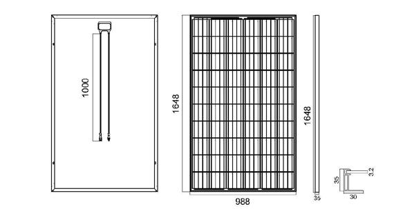 Parameters Hücre (mm) / Cell (mm) Poly 156 x 156 Panel Ölçüsü / Dimensions (LxWxH (mm) 1648 x 988 x 35 Ağırlık (Kg.) / Weight (Kg.